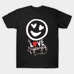 Emoji Love yourself very much!. Happy emoji face with red and white hearts. T-Shirt